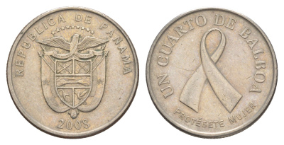 Панама 1/4 бальбоа (25 сентесимо) 2008 Рак молочной железы KM 137 медь плакированная медно-никелем 4529-1013