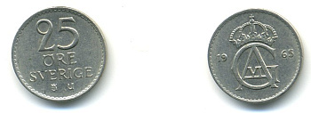 Швеция 25 эре 1965 U, Густав VI Адольф (1950-1973) KM 836 медно-никель UNC 80-768