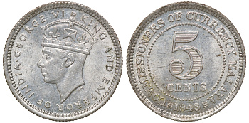 Британская Малайя 5 центов 1943 Георг VI (1937-1952) KM 3a серебро 53-161