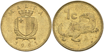 Мальта 1 цент 1991 ласка, горностай KM 93 никель латунь 4585-1213