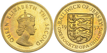 Джерси 1/4 шиллинга 1957 герб, Елизавета II (1952-), тираж 6300 экз KM 22 никель латунь PROOF 4582-354