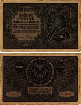 ПОЛЬША 1000 МАРОК 1919 23 АВГУСТА 1919, ТРЕТИЙ ВЫПУСК, ПОРТРЕТ КОСТЮШКО Pick 29 бумага VF 8607-16-1