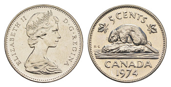 Канада 5 центов 1974 Елизавета II (1952-2022), бобр KM 60.1 никель PROOF-LIKE (BU) 4630-944