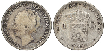 Нидерландское Кюрасао 1 гульден 1944 D, Вильгельмина (1890-1948) KM 45 серебро 36-233