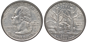 США 25 центов = квотер 2001 Р, серия штаты США, Вермонт KM 321 медь плакированная медно-никелем 4538-856