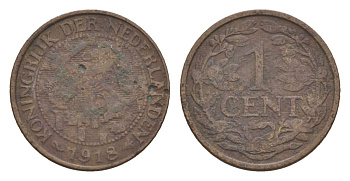 Нидерланды 1 цент 1918 Вильгельмина (1890-1948) KM 152 бронза 75-544