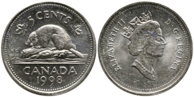 КАНАДА 5 ЦЕНТОВ 1998 ЕЛИЗАВЕТА II (1952-), БОБР, ТРЕТИЙ ПОРТРЕТ В КОРОНЕ KM 182 медно-никель UNC 4543-715