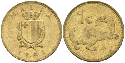 Мальта 1 цент 1991 ласка, горностай KM 93 никель латунь 4585-1213