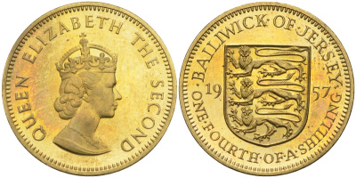 Джерси 1/4 шиллинга 1957 герб, Елизавета II (1952-), тираж 6300 экз KM 22 никель латунь PROOF 4582-354