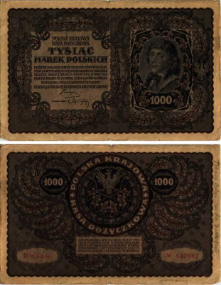 ПОЛЬША 1000 МАРОК 1919 23 АВГУСТА 1919, ТРЕТИЙ ВЫПУСК, ПОРТРЕТ КОСТЮШКО Pick 29 бумага VF 8607-16-1