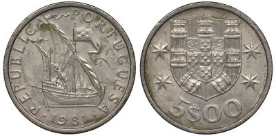Португалия 5 эскудо 1981 парусник KM 591 медно-никель 4122-344