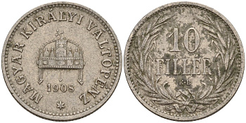 Венгрия 10 филлеров 1908 KB, Франц Иосиф I (1848-1916) KM 482 никель 4151-1111