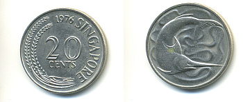 Сингапур 20 центов 1976 голубой марлин, тунец KM 4 медно-никель UNC 86-1147