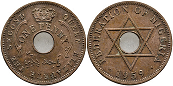 Нигерия 1 пенни 1959 Елизавета II (1952-), Британский протекторат KM 2 бронза 51-2234