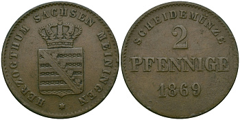Саксен-Мейнинген 2 пфеннига 1869 Георг II (1866-1914) KM 174, Jaeger 448, AKS 215 медь 99-668