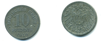 ГЕРМАНИЯ 10 ПФЕННИГОВ 1918 KM 26, J. 299 цинк 4381-452