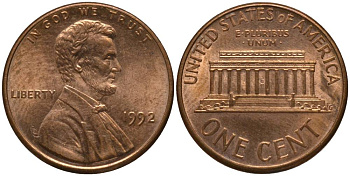 США 1 ЦЕНТ 1992 ЛИНКОЛЬН KM 201b цинк плакированный медью 3955-762