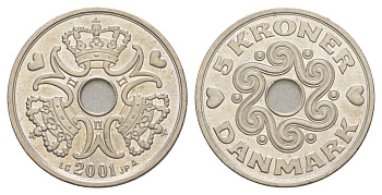 Дания 5 крон 2001 KM 869 медно-никель aUNC 4629-534