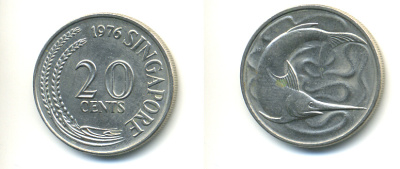 Сингапур 20 центов 1976 голубой марлин, тунец KM 4 медно-никель UNC 86-1147