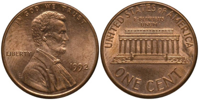 США 1 ЦЕНТ 1992 ЛИНКОЛЬН KM 201b цинк плакированный медью 3955-762