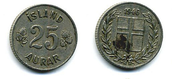 Исландия 25 эйре 1946 KM 11 медно-никель 46-2423