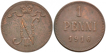 РОССИЯ ДЛЯ ФИНЛЯНДИИ 1 ПЕННИ 1916 НИКОЛАЙ II (1895-1917) KM 13, Биткин 476 медь 211-1058