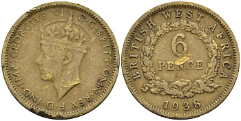 Британская Западная Африка 6 пенсов 1938 Георг VI (1936-1952) KM 22 никель-латунь 4588-654