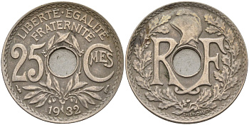 Франция 25 сантимов 1932 KM 867a, Le Franc 171.7 медно-никель 4143-446