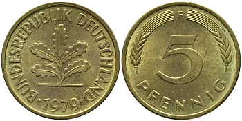 ФРГ 5 пфеннигов 1979 F KM 107, J.382 сталь плакированная латунью 99-119