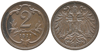 АВСТРИЯ 2 ГЕЛЛЕРА 1911 ФРАНЦ ИОСИФ (1846-1918) KM 2801 бронза 100-945