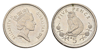 Гибралтар 5 пенсов 1991 KM 22.2 медно-никель UNC 4668-514