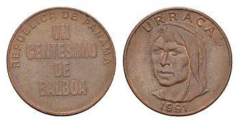 Панама 1 сентесимо 1991 Уррака KM 124 цинк плакированный медью 4614-437