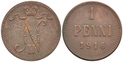 РОССИЯ ДЛЯ ФИНЛЯНДИИ 1 ПЕННИ 1916 НИКОЛАЙ II (1895-1917) KM 13, Биткин 476 медь 211-1058