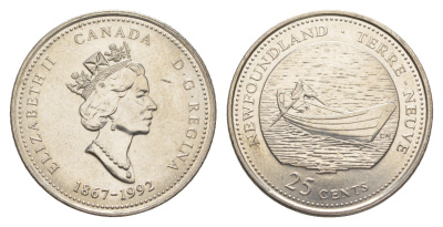 Канада 25 центов 1992 125 лет Конфедерации Канада - Ньюфаундленд и Лабрадор KM 213 никель UNC 4637-855