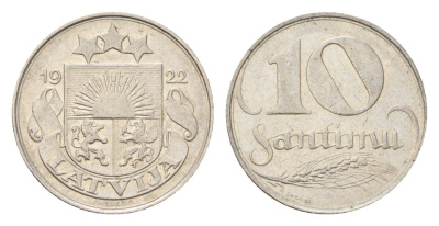 Латвия 10 сантимов 1922 год-тип KM 4 никель 4705-452