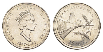Канада 25 центов 1992 125 лет Конфедерации Канада - Саскачеван KM 223 никель UNC 4637-916