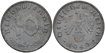 Германия 10 рейхспфеннигов 1943 F KM 101, J.371 цинк 4151-252