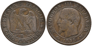 ФРАНЦИЯ 5 САНТИМОВ 1855 В, НАПОЛЕОН III (1852-1870) KM 777.2, LA FRANC 116.19 бронза 34-1214