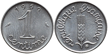ФРАНЦИЯ 1 САНТИМ 1969 KM 928 хромированная сталь 4396-426