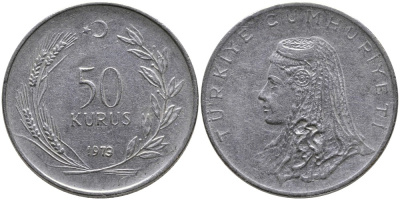 Турция 50 курушей 1973 Анатолийская невеста KM 899 нержавеющая сталь 4541-837