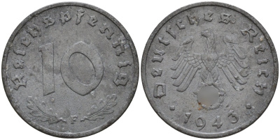 Германия 10 рейхспфеннигов 1943 F KM 101, J.371 цинк 4151-252