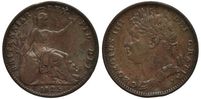 Великобритания 1 фартинг 1825 Георг IV (1820-1830) KM 677, Spink 3822 медь 106-836