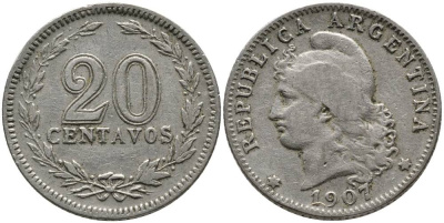 Аргентина 20 сентаво 1907 голова свободы влево KM 36 медно-никель 4525-831