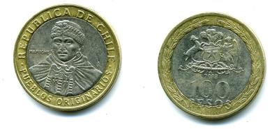Чили 100 песо 2008 индейцы Мапуче KM 236 биметалл 29-457
