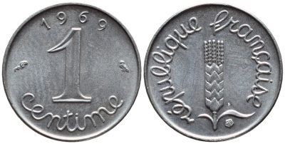 ФРАНЦИЯ 1 САНТИМ 1969 KM 928 хромированная сталь 4396-426