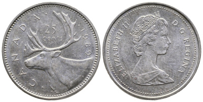 КАНАДА 25 ЦЕНТОВ 1989 ОЛЕНЬ, ЕЛИЗАВЕТА II KM 74 никель 4364-2154