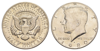 США 1/2 доллара (50 центов) 1980 D, Джон Кеннеди KM A202b медь плакированная медно-никелем aUNC 4183-941