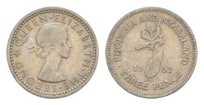 Родезия и Ньясаленд 3 пенса 1964 Елизавета II (1952-2022), цветок глориоза KM  3 медно-никель  4640-932