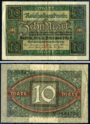 Германия 10 марок 1920 буква K, серия Y, номер семизначный Pick 67a, Rosenberg 63а бумага 8617-33-1-1