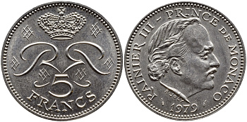 Монако 5 франков 1979 Ренье III (1949-2005) KM 150 медно-никель плакированный никелем 4389-1236